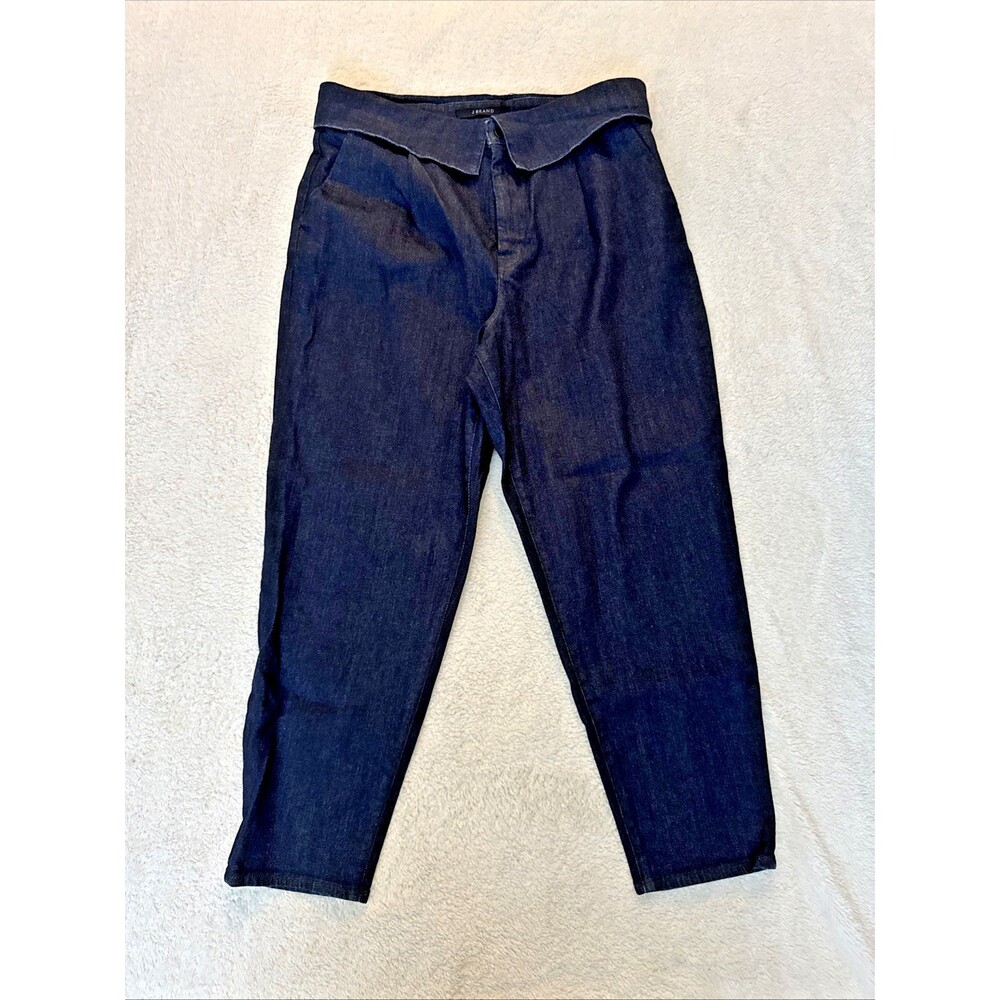 J Brand Jeans Women's 32 Fold Over Pleat Front Peg Dark Blue Denim Stretch